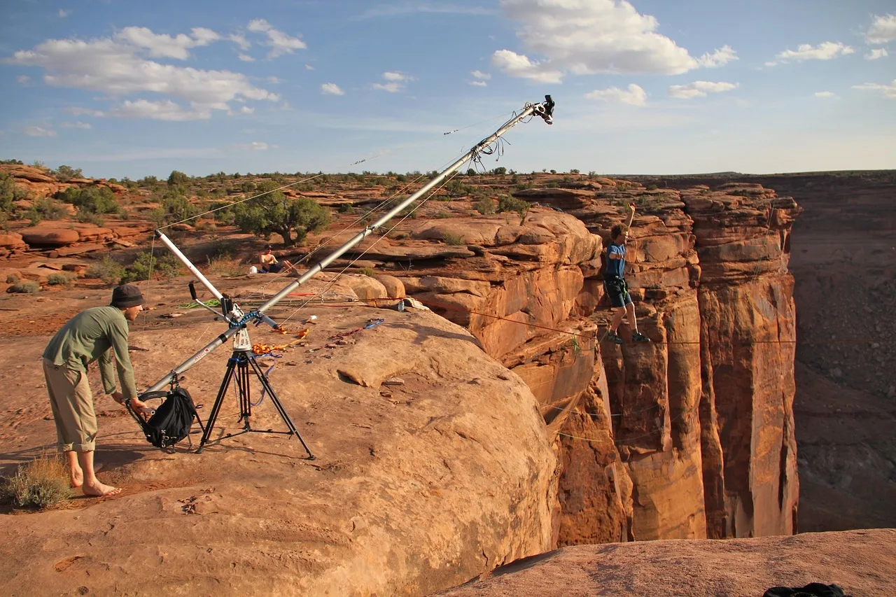 moab, utah, mountains, film crew, men, filming, scenic, high wire, man, balancing, landscape, nature, outside, sky, clouds, brown balance, brown film, film crew, film crew, film crew, film crew, film crew