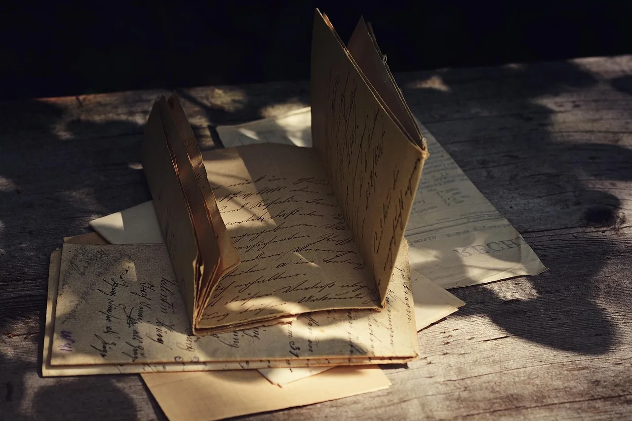 letters, old, antique, handwriting, writing, written, past, stationery, close up, wood, light and shadow